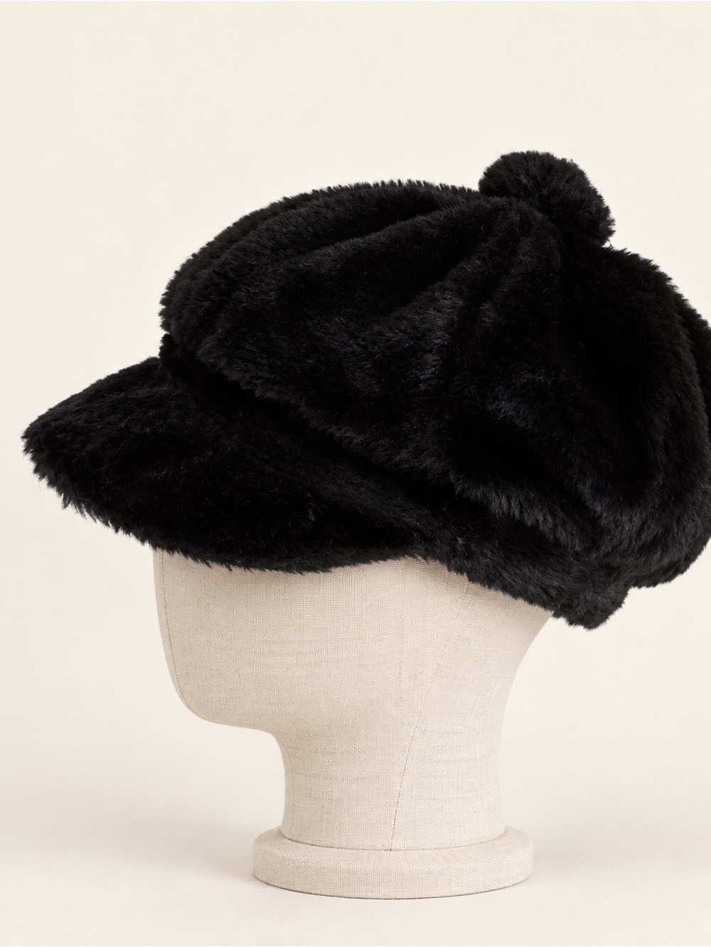 Black Faux Fur Newsboy Cap with Pom Accent